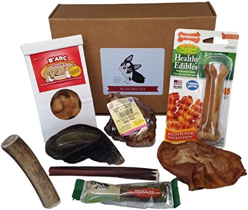 Dog Treats Made In USA Only Gift Box Natural Cookies, Greenies, Edible Nylabone, Bully Stick, Cow Hoof, Pig's Ear, Knee Cap, Antler, Healthy Chews Set Variety Pack, (Deluxe)