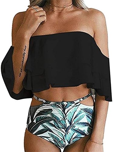 MOONOO Women Generous Sexy Fashion Beach Floral Print Flounce Two Piece Swimsuit High Waist Ruffled Bikini (XX-Large, Black)