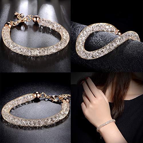 Mytys Rose Gold Mesh Bracelet Clear CZ Crystal Charm Link Bangle Bracelet for Women Girl Christmas Day Gifts 7.5''+2''