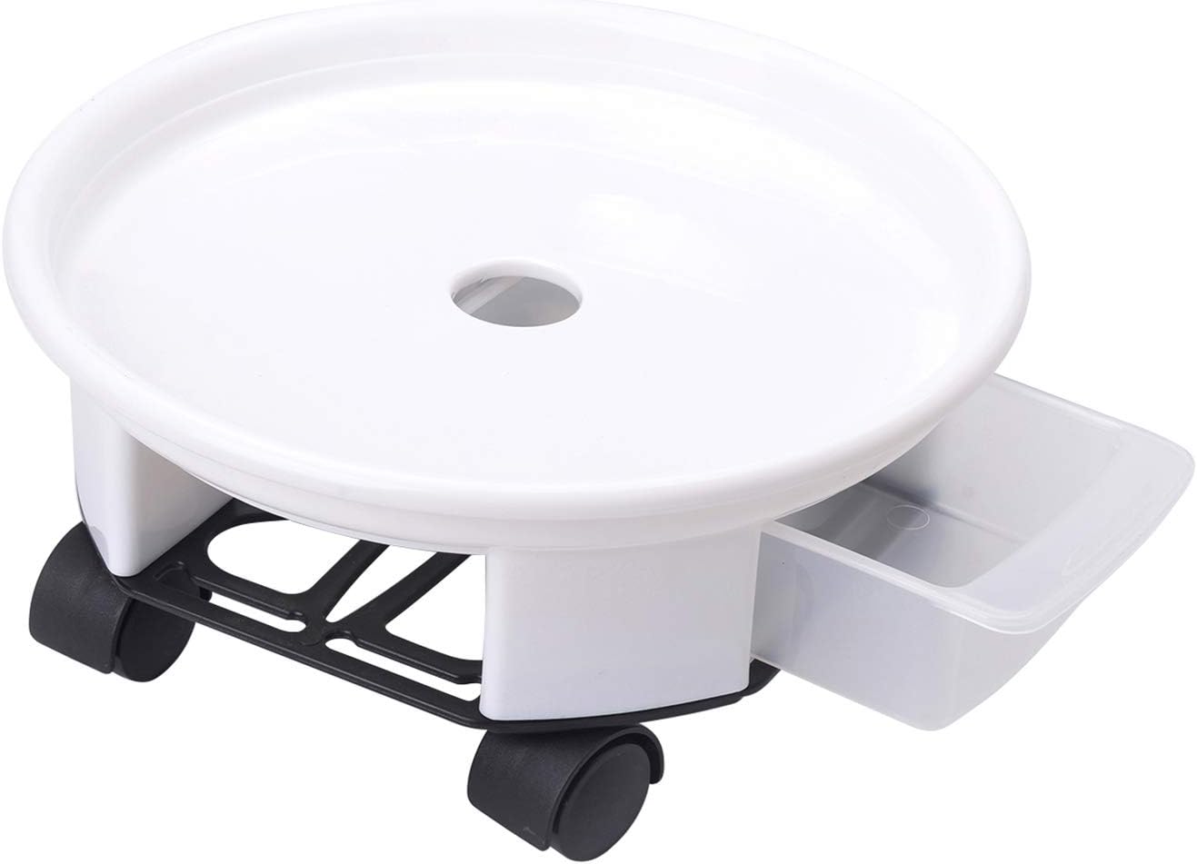 Amkoskr 1Pcs 38cm White Plant Caddy Round Movable Planter with Easy Moving Caster Wheels and a Water Container Dolly Trolley Tray Pallet Outdoor Indoor Tree Flower Stand Planter