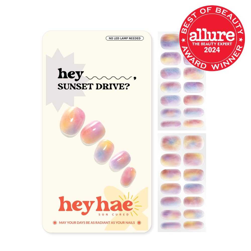 Heyhae Semi Cured Gel Nail Strips | Spring Nails No LED Lamp Needed Easy Apply & Remove | Includes 28 Strips, 1 Prep Pad, 1 Nail File & 1 Wooden Stick - Hey, Sunset Drive? - Image 2