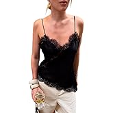 Women Lace Trim Satin Tank Top V Neck Silk Camisole Tops Asymmetrical Backless Spaghetti Strap Tank Cami Shirts