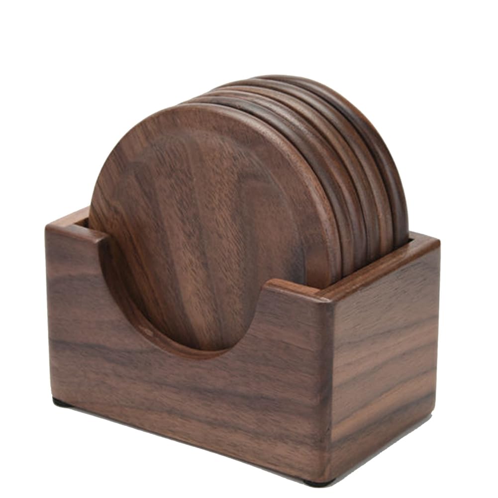 Qarmijaer 6Pcs Walnut Wood Coasters Placemats Decor Round Heat Drink Mat Home Kitchen Table Tea Coffee Cup Pad