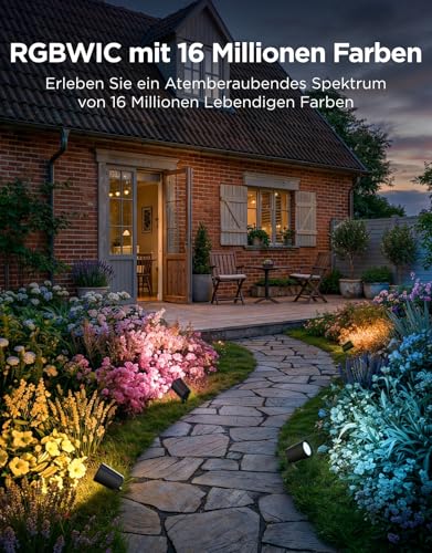 Govee Outdoor LED Spotlight Lite, IP67 Plastic Garden Lighting, RGBWIC Spotlight Outdoor for Path, Dimbar 350lm with 64 Modes and 16 Million Colours, Works with Google Assistant, Matte. Pack of 4 | IP67, RGBWIC Strahler Außen für den Pfad, 16 Mio Farben Anpassbare Helligkeit und Farbtemperatur, 64 Modi, Smart-Integration