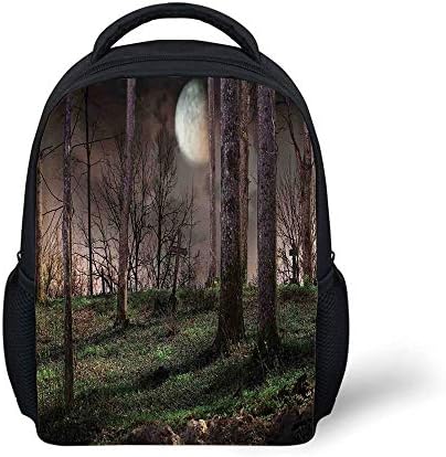 Kids School Backpack Gothic,Dark Night in The Forest with Full Moon Horror Theme Grunge Style Halloween,Brown Green Yellow Plain Bookbag Travel Daypack
