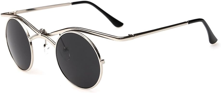 QMOT Gothic Steampunk Vintage Vampire Mirror Round Frame Sunglasses (Silver Frame Black Film)