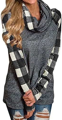 Qlassic Womens Cowl Neck Sweatshirt Pullover Shirts Long Sleeve Plaid Raglan Tunic Tops