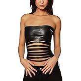 Women PU Leather Strapless Tube Top Ruched Cut Slim Sleeveless Ripped Bandeau Cropped Camisole Corset Shirts Zip Up Back Y2K