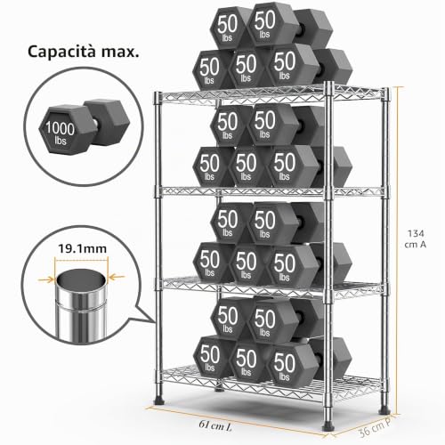 M MZG 454KG Storage Shelving Rack Multi-purpose 4 Tier Steel Wire Rack Organizer for Home Kitchen Office Chrome (34.8 x 60 x 136.5 cm (L x W x H)