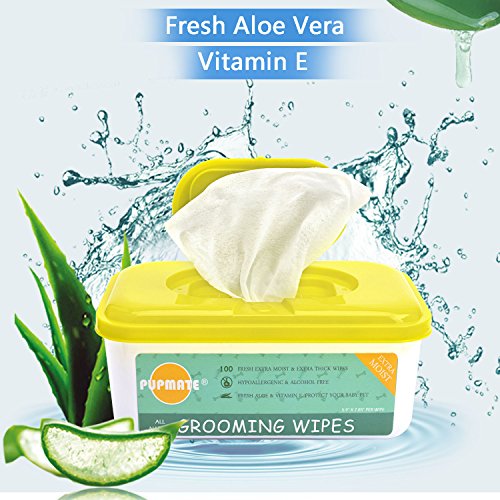 PUPMATE All Natural Pet Grooming Wipes, 100 Fresh Counts, Extra Moist & Thick, Rapid Deodorizing and Cleanup, Hygienic and Hypoallergenic Pet Care for Dogs & Cats, Puppies & Kittens (Aloe)