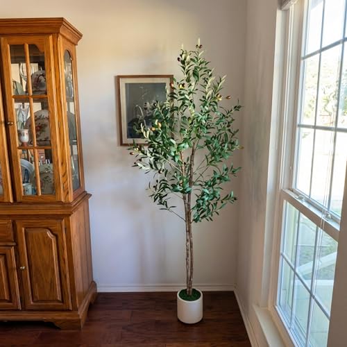 Garvee 150cm Artificial Olive Tree, Faux Plant with Natural Wood Trunks, 864 UV-Resistant Silk Leaves, White Ceramic Pot with Weighted Base, Farmhouse Floor Decor for Living Room, Entryway, Office