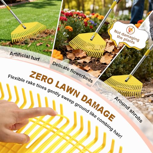 Garden Leaf Rake for Leaves - 42cm Wide Nylon Plastic Head,165cm Adjustable Lightweight Handle for Women Seniors Kids,23 Flexible Lawn-Friendly Tines for Grass,Pine Needle,Mulch,Small Debris