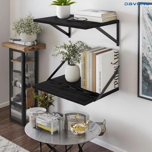 DAYONG Deep Wall Mounted Floating Shelf, 16W x 12D Rustic Wood Floating Shelves with Metal Brackets, Set of 2 Hanging Shelf for Kitchen, Living Room, Bathroom and Bedroom Decor (Black)