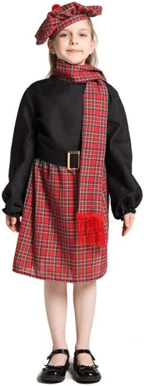 Classic Scotland Girls Dress Halloween Costume for Kids Scots Kilt Carnival Party Cosplay Festival Plaid Skirt Hat Scarf
