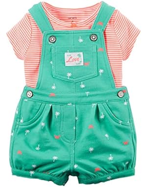 Carters Baby Clothing Outfit Girls 2-Piece Neon Tee & Palm Tree Shortalls Set Mint