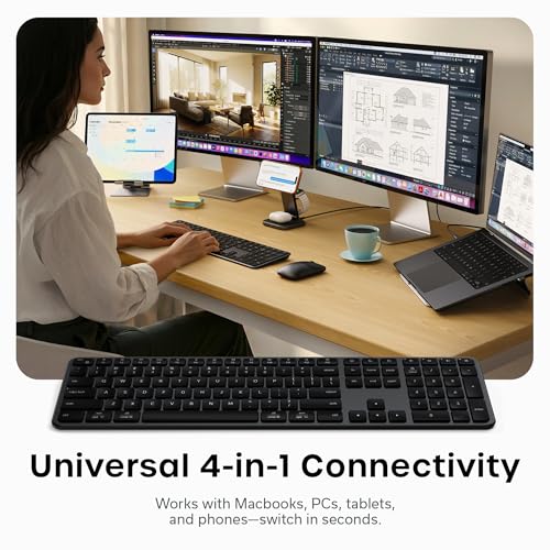 Satechi Slim EX3 Wireless Keyboard, Full-Size Keyboard with Numpad, Multi-Device Bluetooth, 2.4GHz Connection for macOS, Windows, Android, Instant OS Key Remap,USB-C Rechargeable Battery - Space Black