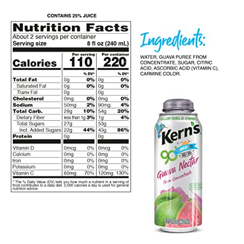 KERN’S GUAVA NECTAR LATA BOTELLA – MADE WITH FRESH FRUIT PUREE – GUAVA JUICE CONCENTRATE FOR TROPICAL FRUIT SMOOTHIE MIX, COCKTAIL MIXERS & KIDS BEVERAGES – 15.5OZ, 12 PACK RESEALABLE JUICE BOTTLES