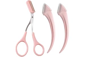 HIPIHOM 3Pcs Eyebrow Trimmer Set Stainless Steel Eyebrow Razor Eyebrow Scissors with Comb Beauty Tools for Beginner Make Up Tool Hair Removal Accessories for Men and Women (Pink)