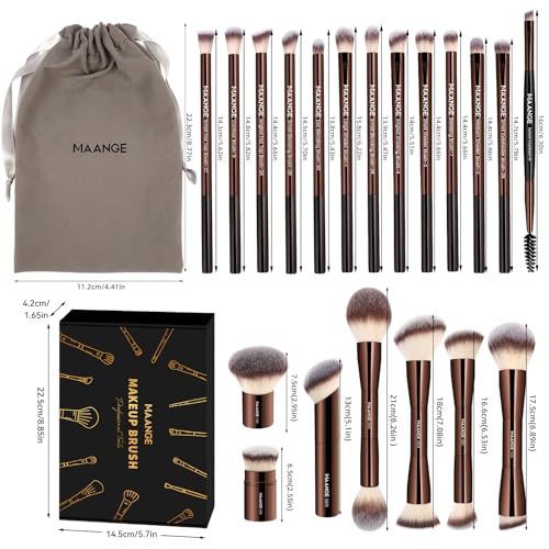 MAANGE 20 PCS Foundation Makeup Brush Set, Double-ended Kabuki Contour Brush for Liquid Powder Concealer Blending Blush Face Makeup Tools (20pcs-Coffee)