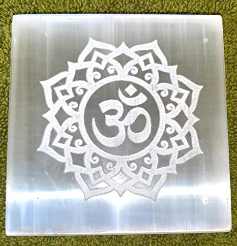 crystalmiracle Selenite 3 Inches Square OM Symbol Etched Charging Reiki Plate Crystal Healing Feng Shui Gemstone Positive Energy Wellness Handcrafted