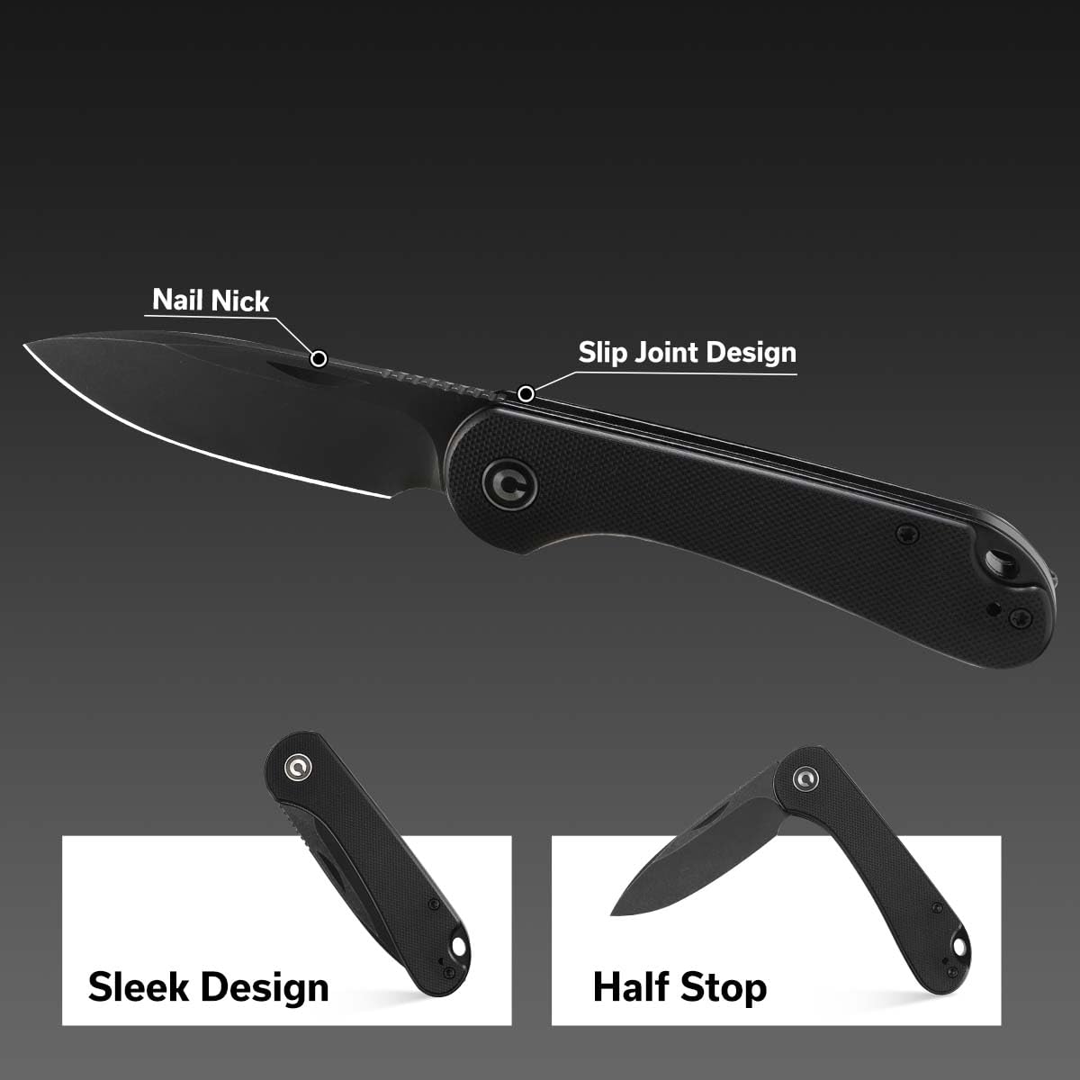CIVIVI Elementum Slip Joint Taschenmesser Klappmesser 7,52 CM 14C28N Klinge G-10 Griff, Outdoor EDC-Messer C18062AJ-1 (Schwarz) 2