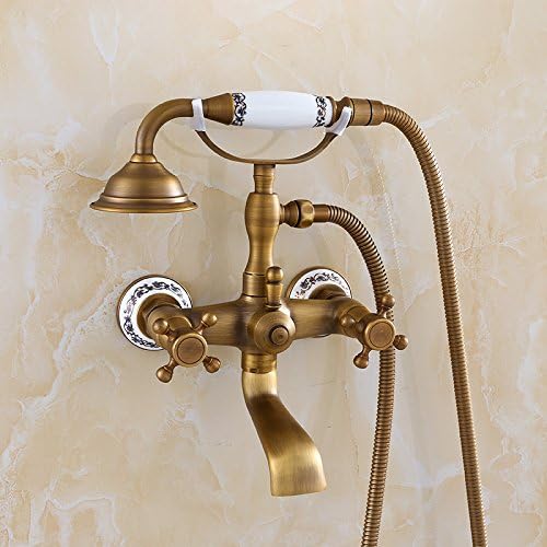 WETRR Antique Brass Golden Bathtub Shower Faucets Set Dual Knobs Mixer Tap Wall Mounted Bath Shower Set Swivel Tub Spout Bath Shower