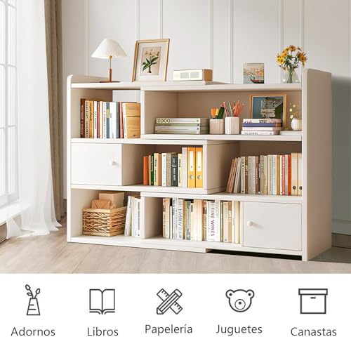 KINKUNCO Librero Organizador de Libros 3 Niveles con cajones librería Extensible en Longitud Estantería, para almacenar Libros en el salón el Estudio o el Dormitorio, Ideal para Organización (Blanco)