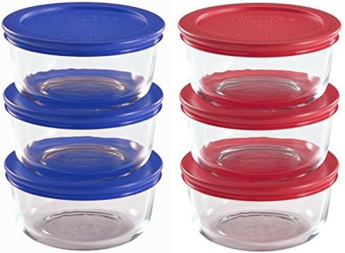 World Kitchen Pyrex 12-Piece, 2-Cup Food Plus Storage Set blue &amp; red plastic covers