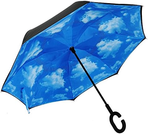 Kcounbrella Double Layer Inverted Umbrella with C Shape Handel for Hands-Free, the Best Magic Reverse Folding Umbrella with Clothing Umbrella Cover (Sky)