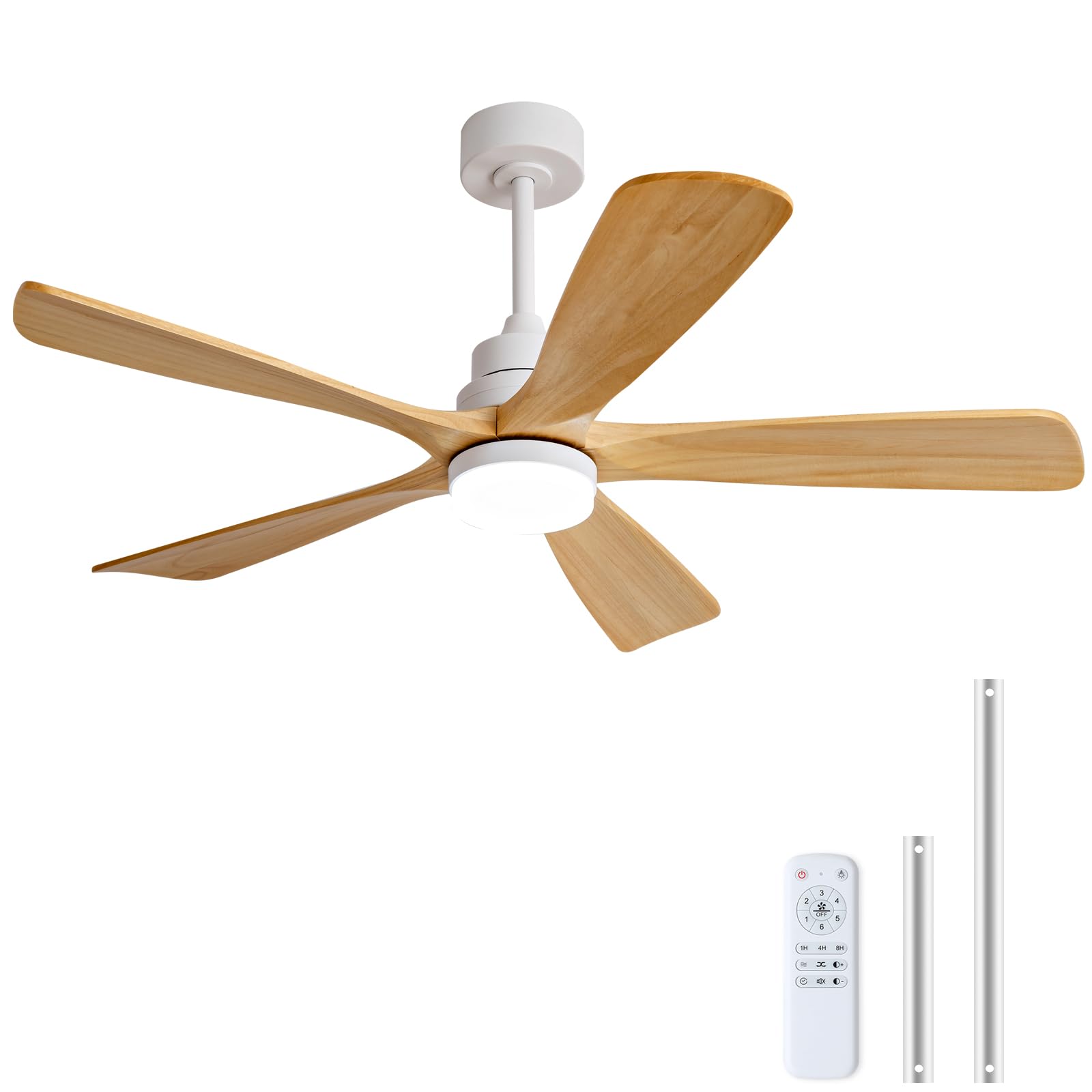 Photo 1 of *** SOLD FOR PARTS *** *** LIGHT BROKEN *** 52 Inch Outdoor Ceiling Fans with Lights and Remote Control, Dimmable 5 Blade Wood Outdoor Ceiling Fans for Patios, White Natural Wood Bedroom Ceiling Fan with Lights, Noiseless DC Motor