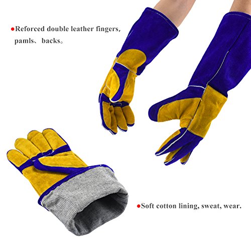 Welding Gloves Lined Leather Extreme Heat Resistant Double Insulation For Mig, Tig Welders, BBQ, Gardening, Camping, Stove, Fireplace and More - 16 in, Blue - Thumbnail 3