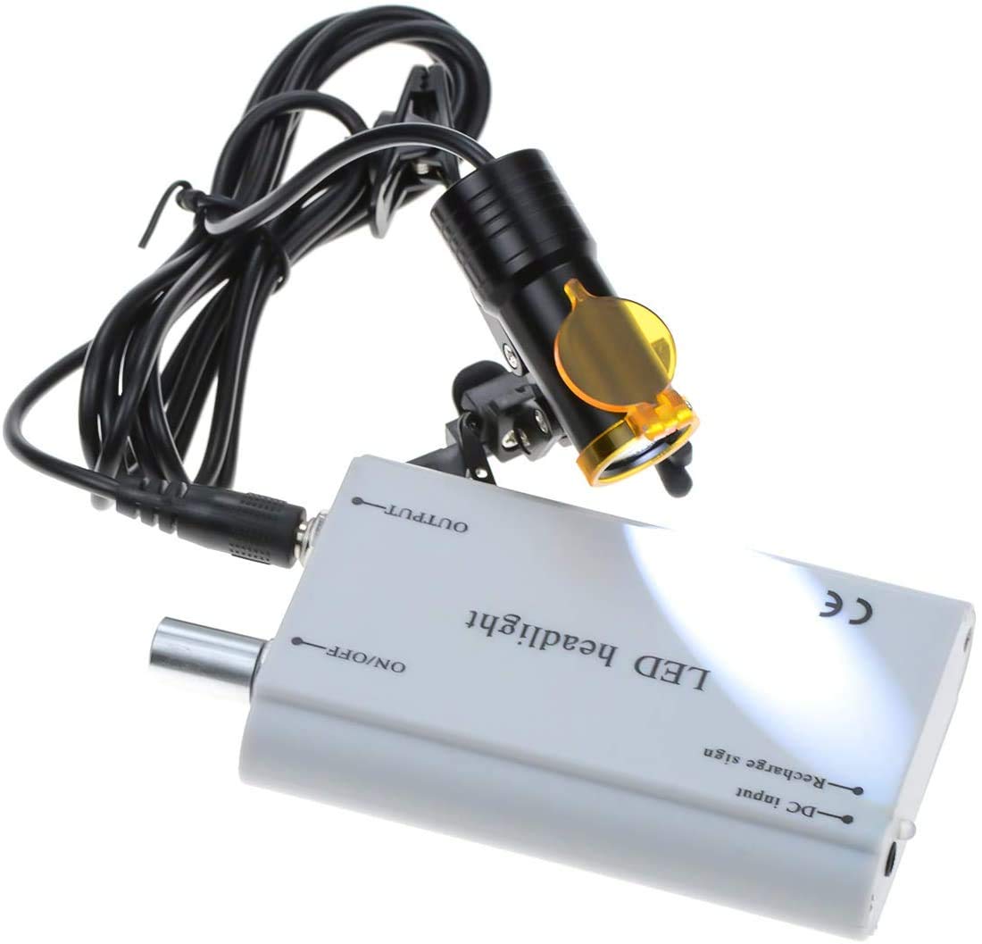 Mike-Dental 5W Medical Portable LED Headlight Iron Frame Clip On LED Light with Filter +Latest Type Plastic Plug-in Battery (Silver)