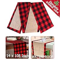 OurWarm Extra Long Christmas Table Runner Cotton Burlap Buffalo Check Reversible Waterproof Red Black Plaid Table Runner for Christmas Holiday Table Decorations Birthday Party Supplies, 14 x 108 Inch