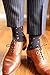 BoardroomSocks Men's Over the Calf Merino Wool Dark Navy and Orange Patterned Dress Socks