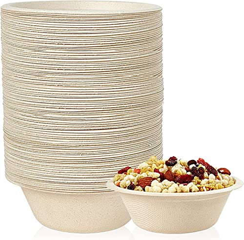 SYOSI Compostable Bowls, 12oz Disposable Paper Bowls, Biodegradable Soup Bowls Made of Natural Bagasse, Eco-Friendly Sugarcane Bowls for Salad Wheat Flakes 100 Pack (Nature)