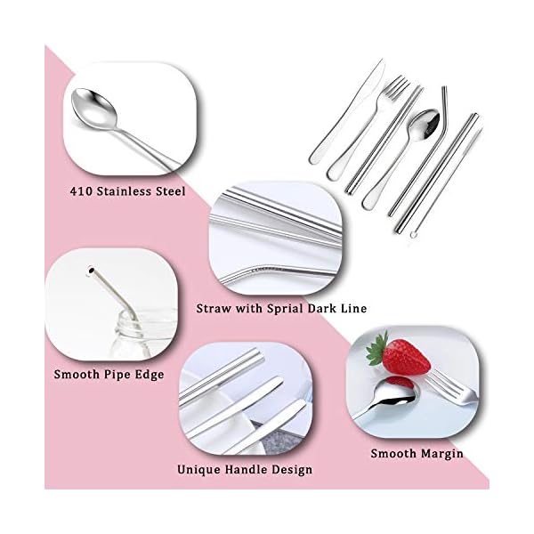 Suhsai-9-Piece-Portable-Stainless-Steel-Cutlery-Set-Steel-Utensils-Knife-Spoon-Fork-Chopsticks-Cleaning-Brush-Wheat-Straw-Box-CaseTableware-Camping-Picnic-Travel-Cutlery-Set-Pink Suhsai 9 Piece Portable Stainless Steel Cutlery Set, Steel Utensils Knife, Spoon, Fork, Chopsticks, Cleaning Brush, Wheat Straw Box Case,Tableware, Camping, Picnic, Travel Cutlery Set (Pink)