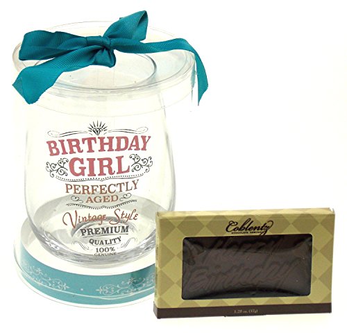 Ganz Birthday Girl Stemless Wine Glass Bundled with Happy Birthday Chocolate Bar