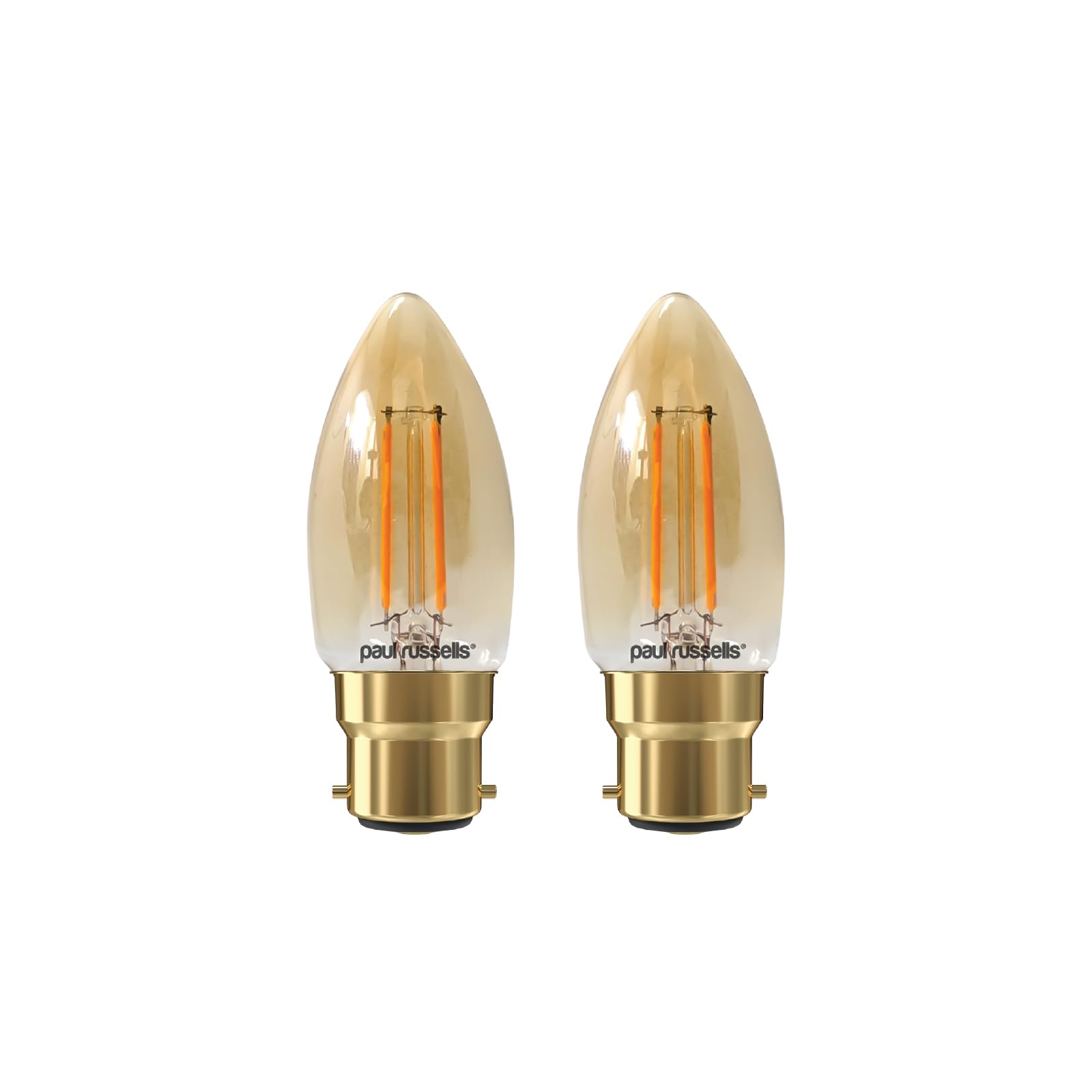 paul russells LED Candle Filament Light – 2.5W 20W Equivalent Replacement, 200LM Lumens, 2200K Extra Warm White, BC B22 Bayonet Cap C35 Bulbs – Energy Saving Non-Dimmable Lamps - 2 Pack
