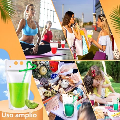 YUTVXAC 200 Piezas bolsas para bebidas con popote,Bolsas de Zumo Transparentes Reutilizables,con 200 pajitas y Embudo,Adecuado para almacenar jugos,batidos,bebidas calientes y bebidas frías.