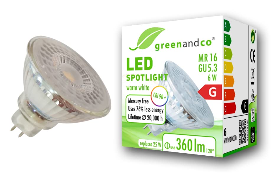 greenandco® CRI 90+ 3000K 110° LED spot Replaces 25 Watt GU5.3 MR16 Halogen Spotlight, 6W 360 Lumen Warm White 12V AC/DC, not dimmable — image 1