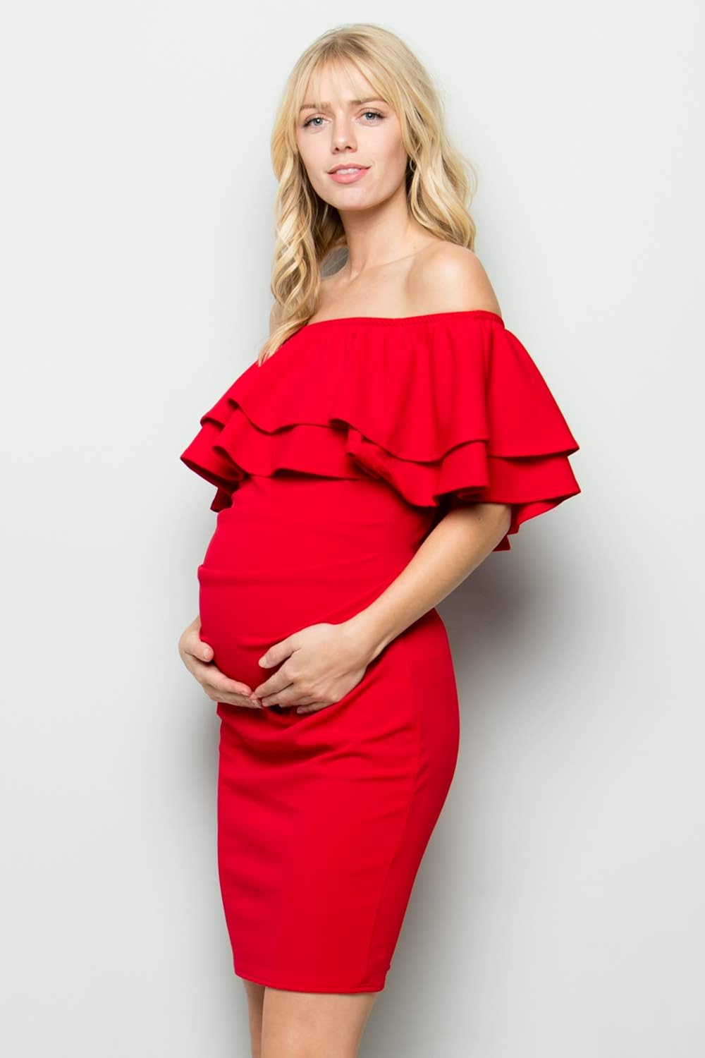 My Bump Double Layer Ruffle Maternity Dress-Fitted Off-Shoulder Baby Shower Pregnancy at  Women’s Clothing store