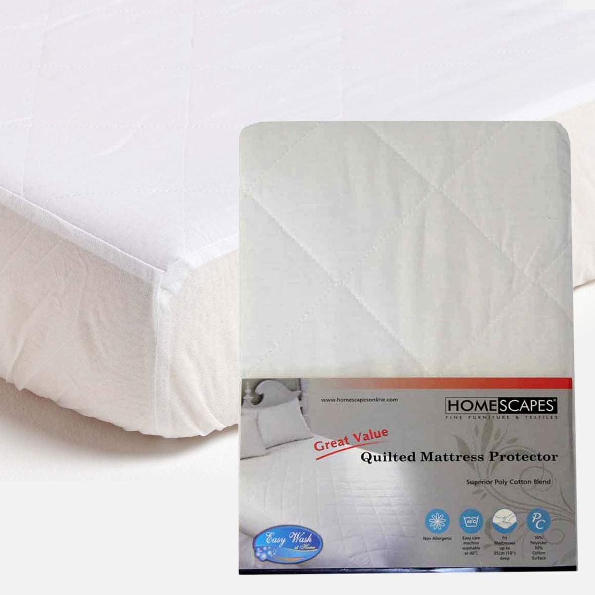 HOMESCAPES Cotton Rich Quilted Double Mattress Protector Oeko-Tex Certified Hypoallergenic with Fully Elasticated 25 cm Deep Thick Stretch Fabric Skirt