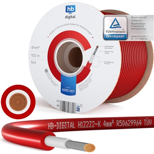 HB-DIGITAL 100m Solarkabel H1Z2Z2-K - TÜV Rheinland zertifiziertes - 4mm² flexibel UV witterungsbeständig PV Kabel reines Kupfer 1500V DC für Solarpanel Wechsel
