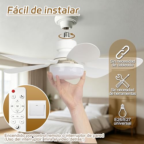 Ventilador de techo con luz LED 40W, 52cm, 6 aspas, control remoto, 3 velocidades, 3 colores de luz, 3000-6500K, motor ultra silencioso, E26/E27, ideal para sala y dormitorio (Blanco)