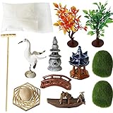 Deluxe Zen Garden Accessories - Tabletop Meditation Rock Sand Garden Kits with Moss rakes Ceramic Cranes Bridge (Set of 12)