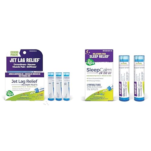 Boiron Jet Lag Relief Kit with Nausea, Stiffness & Drowsiness Relief (240 Pellets) and SleepCalm On The Go Sleep Aid, Melatonin-Free (2 Packs of 80 Count)