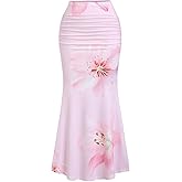 Milumia Women's Floral Print Ruched Long Skirt Fishtail Bodycon Maxi Skirts