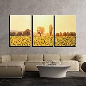 3 Piece Canvas Wall Art - Sunflowers Field at Sunset, Painted on The Canvas by Me, Kiril Stanchev - Modern Home Art Stretched and Framed Ready to Hang - 16"x24"x3 Panels
