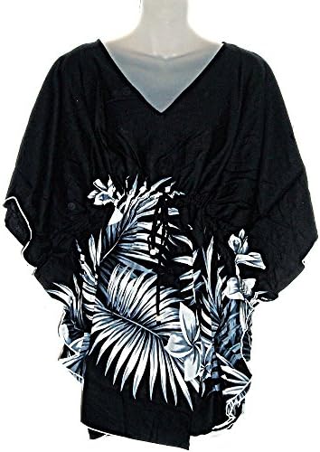 Hawaiian Palm Fronds Plumeria Floral Tropical Black Kaftan Tunic Swimwear Beach Cover up (M-1X)