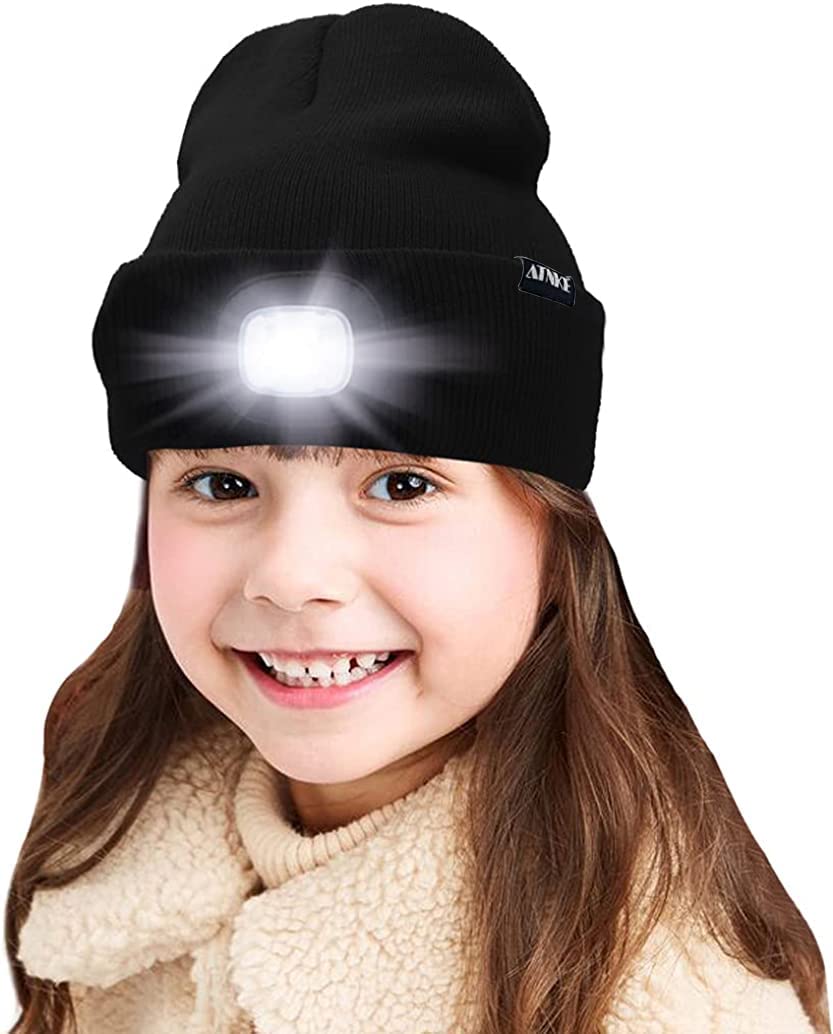 ATNKE Kids LED Lighted Beanie Cap, USB Rechargeable 4 LED Headlamp Waterproof Winter Warmer Knit Night Hats with Light for Boys Girls/Black